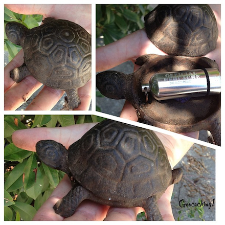 This three-image collage shows a decorative garden turtle in the palm of the photographer's hand. When its shell is opened, the turtle reveals a cache container inside