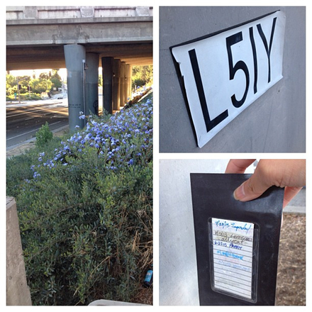 A collage post with three photos: a highway overpass, a white rectangular sign that reads 'L5IY', and a woman's hand holding the rectangular sign, which is a magnet geocache.