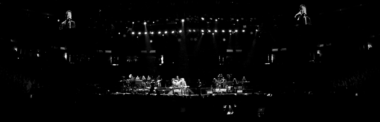 black and white photo of the full stage, Izod Center, April 2, 2012