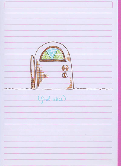 An image of a door, with the text \'Find Alice\'
