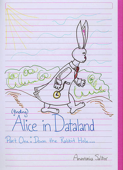 An image of the white rabbit, with the text \'\(finding\) Alice in Dataland, Part One: Down the Rabbit Hole...\'