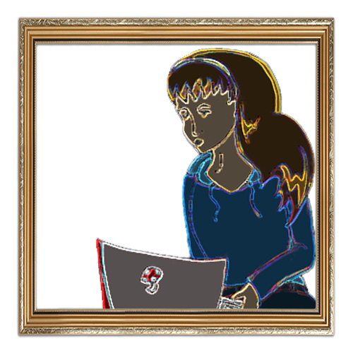 An inverted color Alice with a laptop