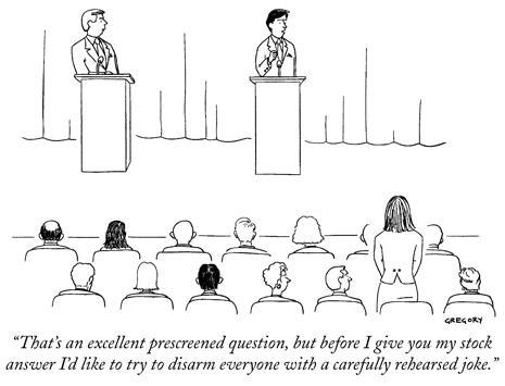 New Yorker cartoon with politician naming his rhetorical tools before using them in a political debate.
