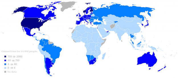 World map of country by country Internet connections per 1,000 people
