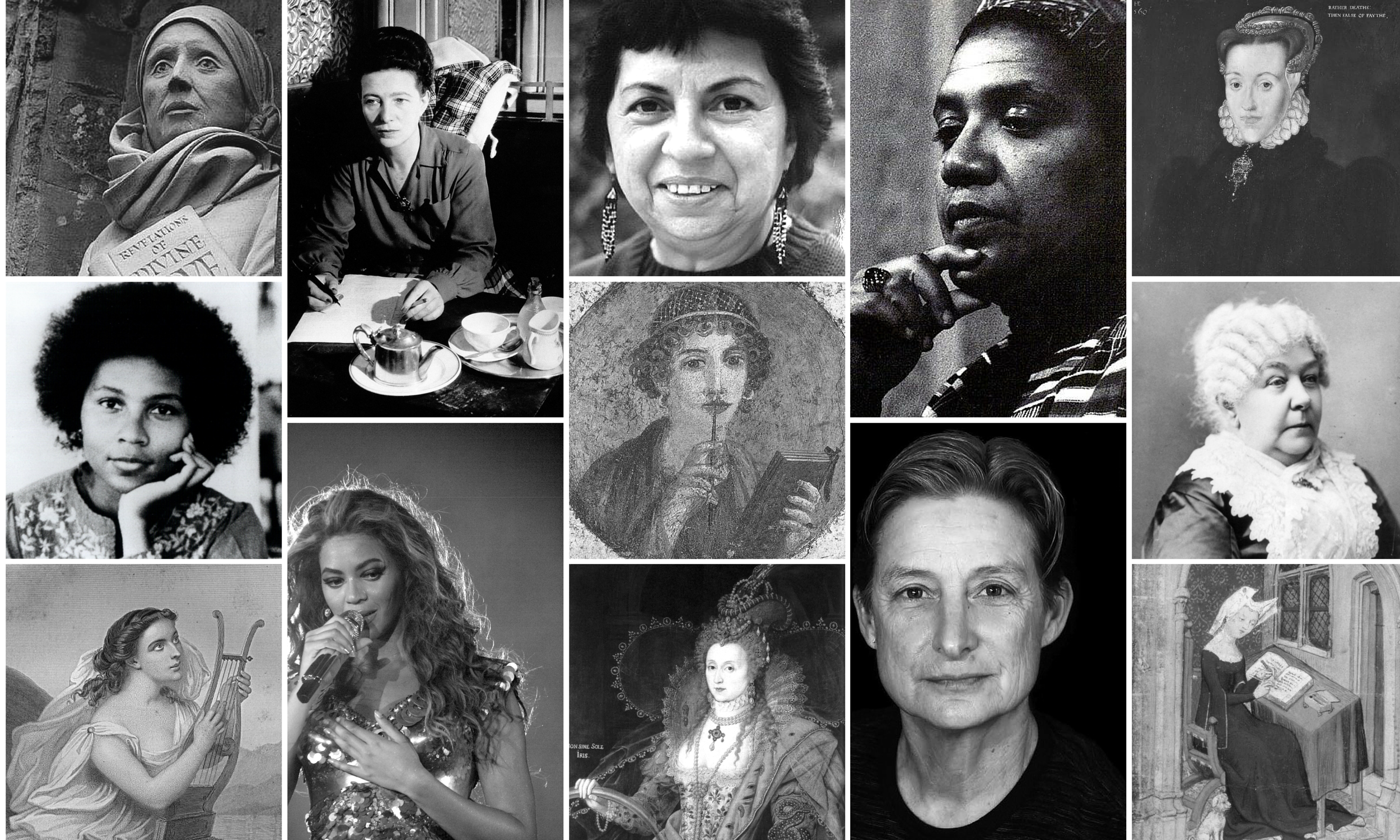 Black and white grid compilation of feminist rhetors reviewed. Top row from left: Julian of Norwich, Simone De Beauvoir, Gloria Anzaldua, Audre Lorde, Anne Askew. Second row from left: Bell Hooks, Sappho, Elizabeth Cady Stanton. Bottom row from left: Hortensia, Beyoncé, Queen Elizabeth I, Judith Butler, Christine de Pisan.  All images courtesy of Wikipedia/Wikimedia Commons.