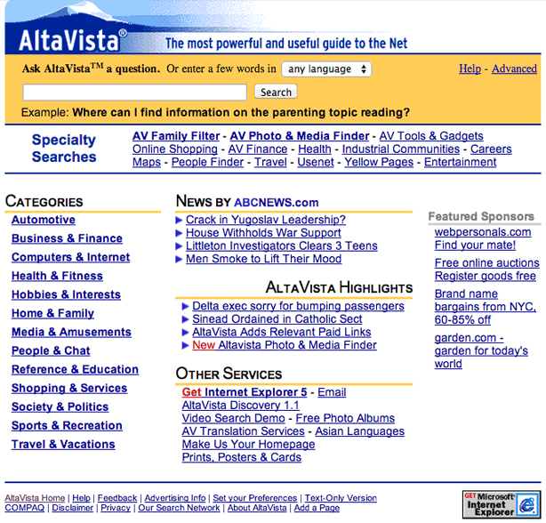 Altavista's 1999 homepage illustrating that the search portion of the page is dwarfed by the portal features such as topic categories and advertisements.