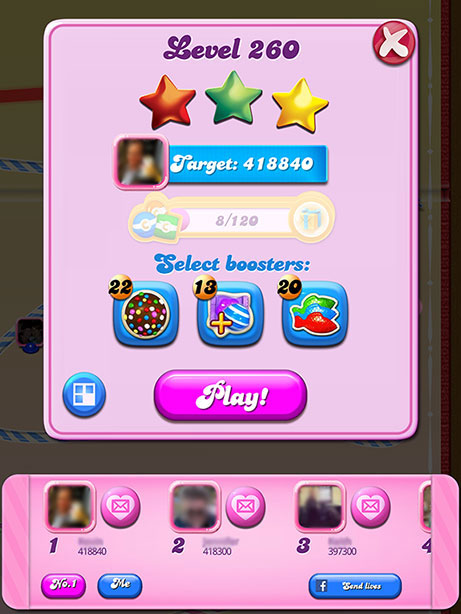 A screen in Candy Crush Saga comparing the player's data to others in the social network