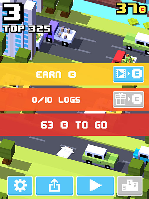 A screenshot of Crossy Road showing the option to watch videos to gain in-game currency