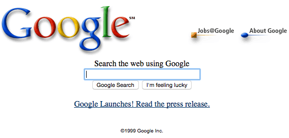 Google's 1999 homepage with its simple and clean design containing no advertisements.