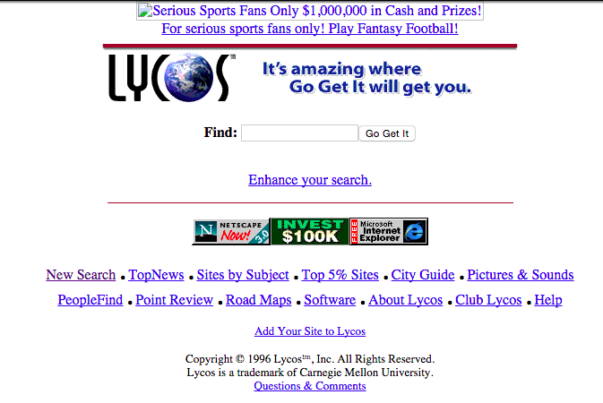 The home page from the Lycos search engine in 1996 containing a search box and advertisements from sponsors.