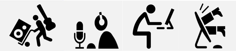 Four black and white icons. From left to right: (1) a person pushing cart with a speaker and a large guitar floating behind him/her; (2) a person with headphones in front of a microphone; (3) a person sitting at a desk in front of a computer; and (4) the legs of a person coming out of a computer screen.