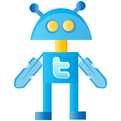 A Blue robot with Twitter logo on its chest