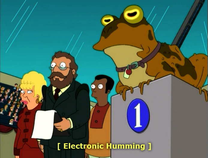 Screenshot of Hypnotoad from the Episode 'The Day the Earth Stood Stupid' on Netflix with caption: [Electronic Humming]