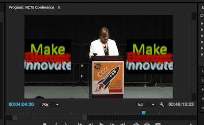 a screenshot of Premiere Pro, showing the video editing screen with Joyce at a podium and two smaller screens on either side of her with text that reads, Make Disrupt Innovate