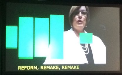 a screen showing Joyce's face, green bars over the left side of the screen, and the words REFORM, REMAKE, REMAKE beneath Joyce's image (source: Jonaitis, 2016)