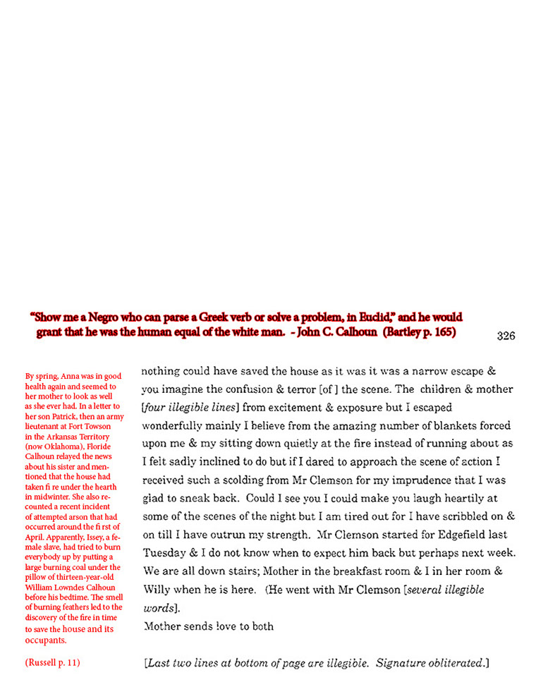 text-heavy image of letter annotated with red block quotations from Russell
