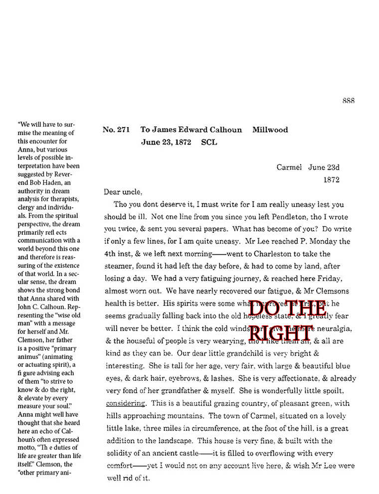 two columns of text from a book; the right hand column is a letter dated June 23, 1872; black text with a red border is written over it: DO THE RIGHT