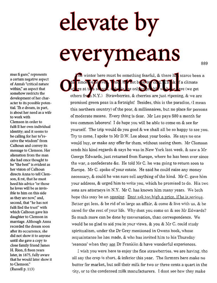two columns of text from a book; black text with a red border is written over it: elevate by everymeans of your soul