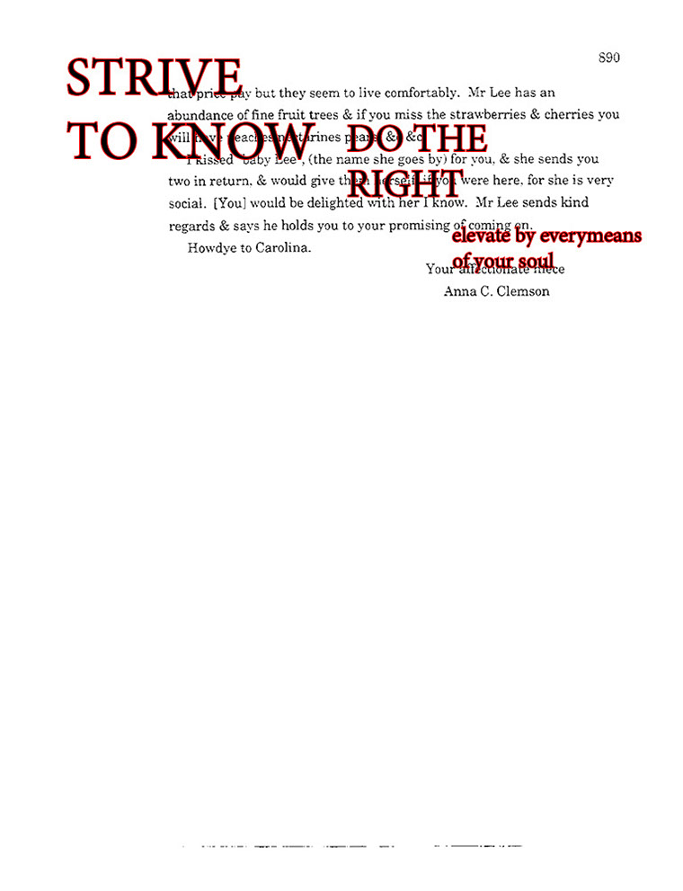 image of a book that shows the ending of a letter; black text with a red border is written over it: STRIVE TO KNOW; DO THE RIGHT; elevate by everymeans of your soul
