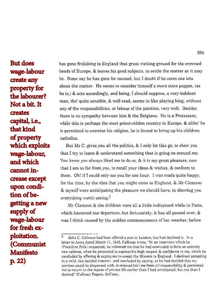 text-heavy image of letter annotated with large block red quotation from Communist Manifesto