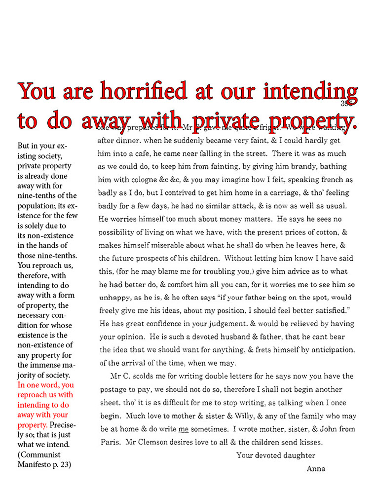 text-heavy image of letter annotated with large block red quotation from Communist Manifesto