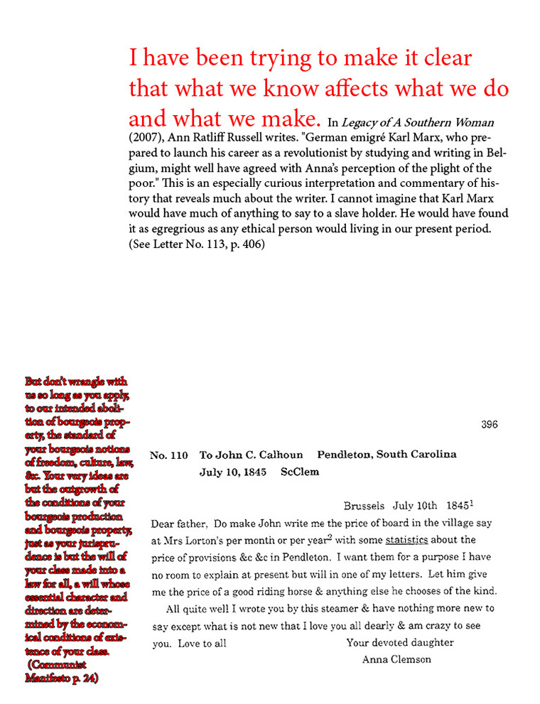 text-heavy image of letter annotated with large block red quotation from Communist Manifesto