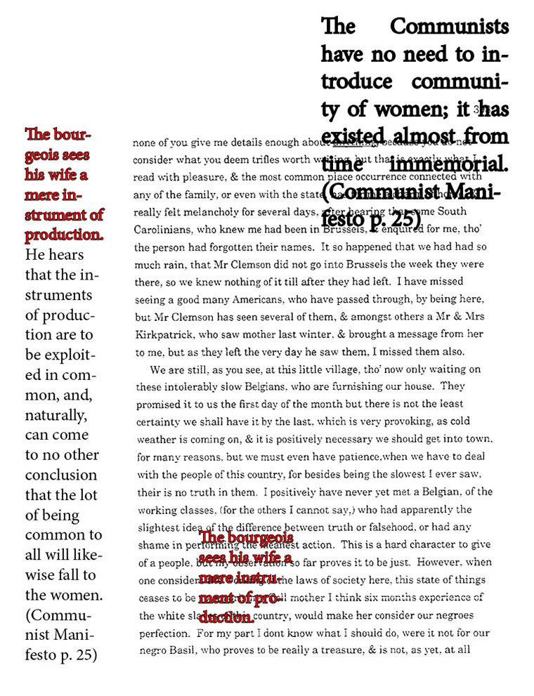 text-heavy image of letter annotated with large block red quotation from Communist Manifesto