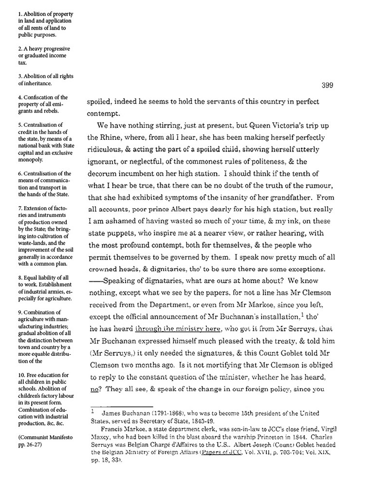 text-heavy image of letter annotated with 10 demands from the Communist Manifesto listed on the left margin