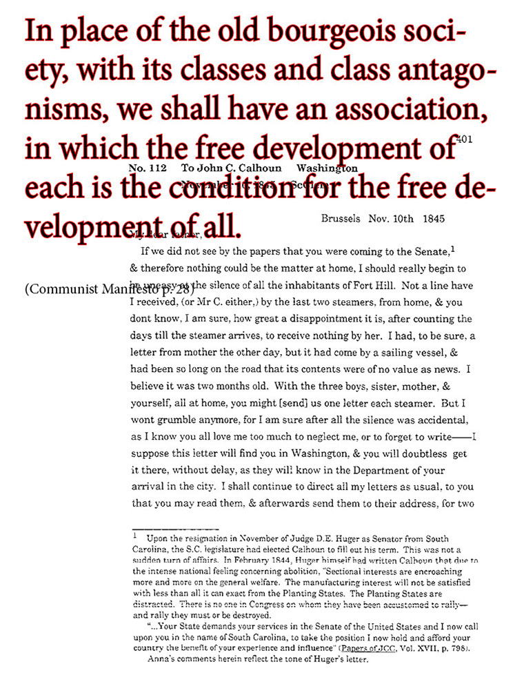 text-heavy image of letter annoted with large block red quotation from Communist Manifesto