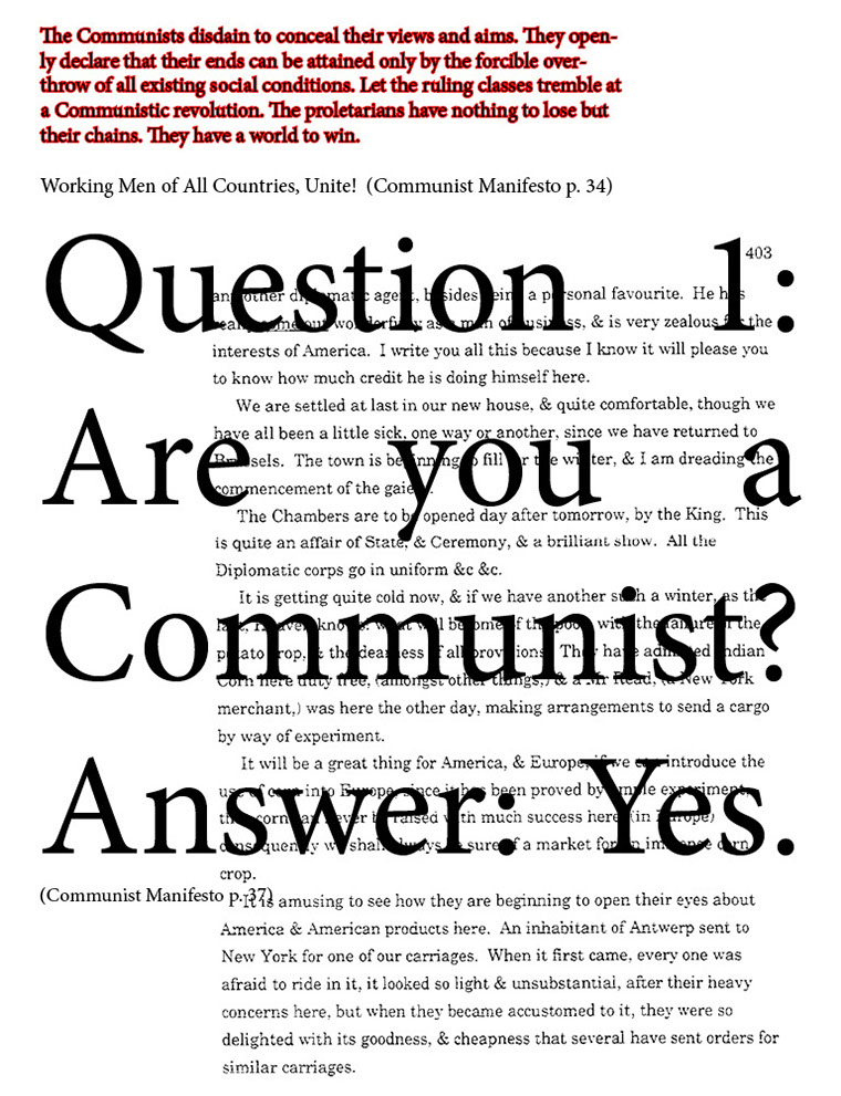 text-heavy image of letter annotated with large block red quotation from Communist Manifesto and large black text: Question 1: Are you a communist? Answer: Yes.