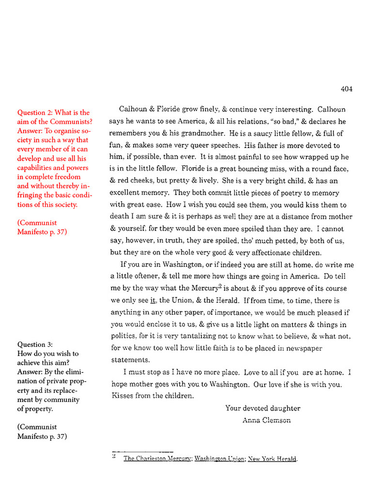 text-heavy image of letter annotated with large block red quotation from Communist Manifesto