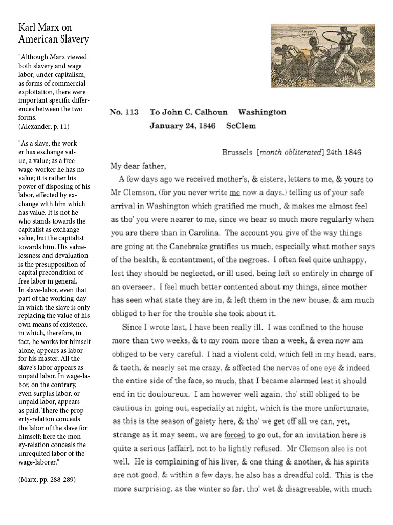 text-heavy image of letter annotated with large block quotation from the Gundrisse. A small painting of a slave-owner whipping a slave in the fields is in the upper right corner.