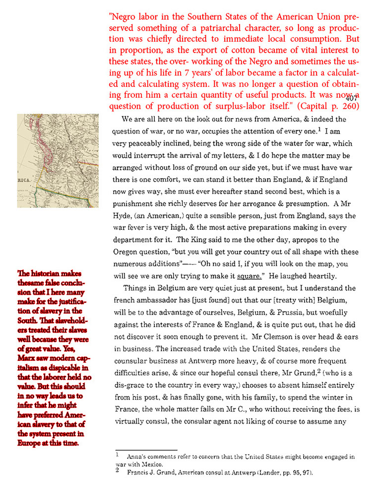 text-heavy image of letter annotated with large block red quotation from the Capital and a small historical map of the Oregon Territory