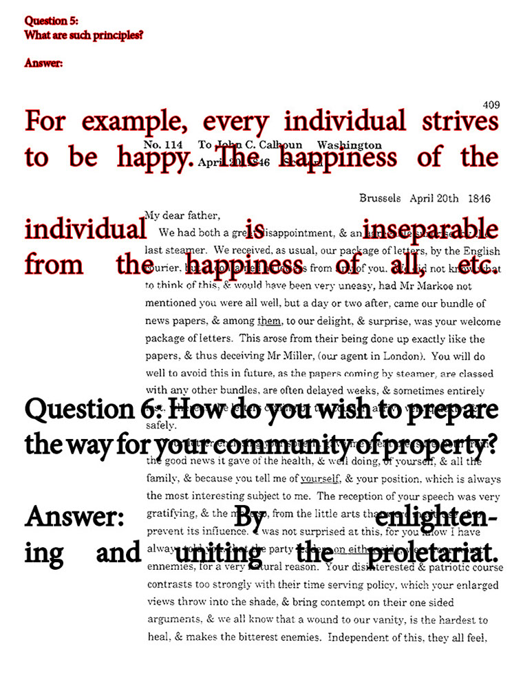 text-heavy image of letter annotated with large block red quotation from Communist Manifesto