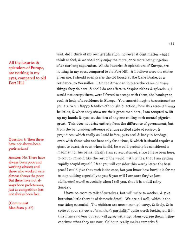 text-heavy image of letter annotated with large block red quotation from Communist Manifesto