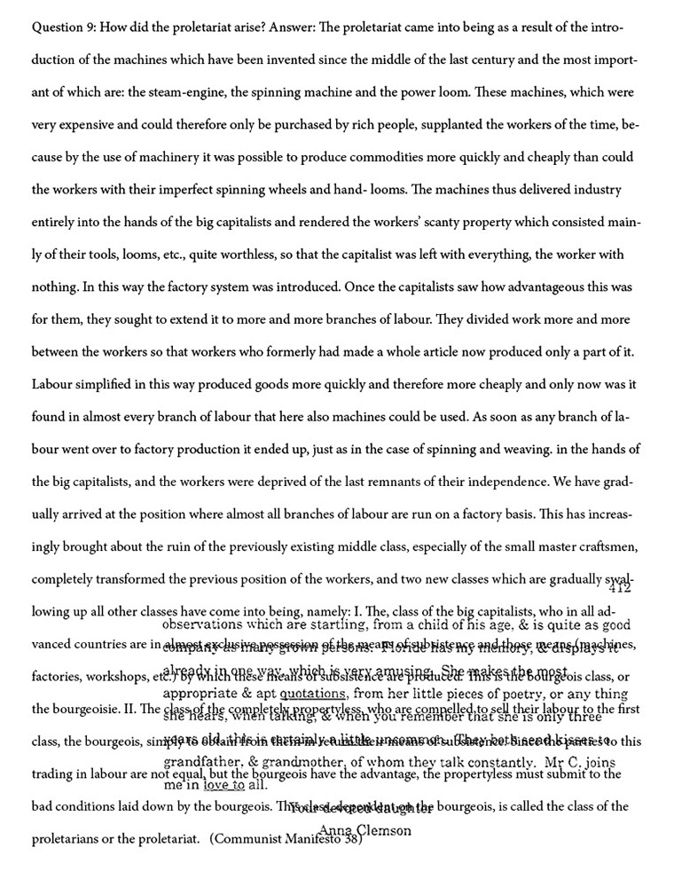 text-heavy image of text from Communist Manifesto with a portion of a letter from Anna Clemson laid on top of the text