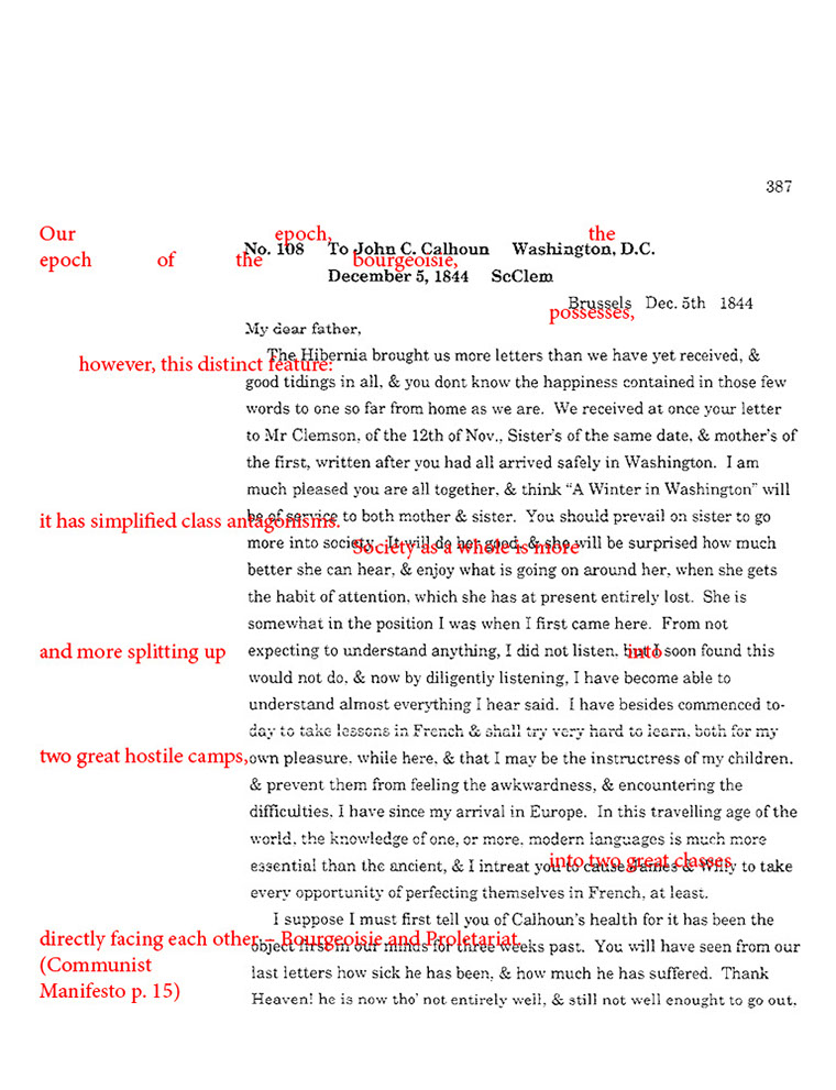 text-heavy image of 1844 letter annotated with red words from Marx