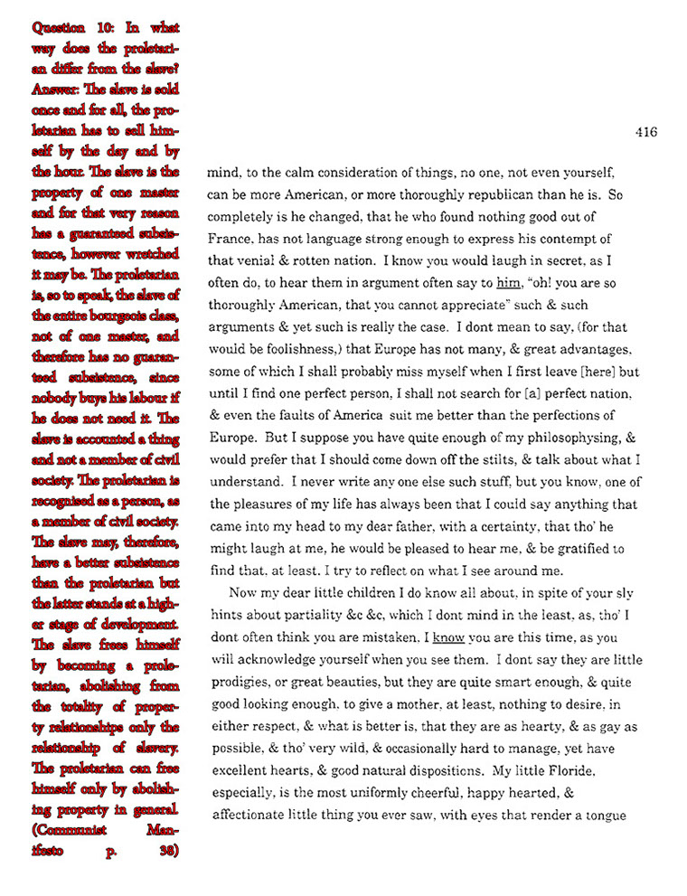 text-heavy image of letter annoted with large block red quotation from Communist Manifesto