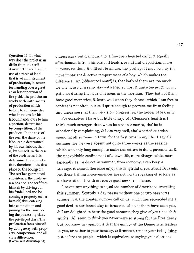 text-heavy image of letter annotated with large block quotation from Communist Manifesto