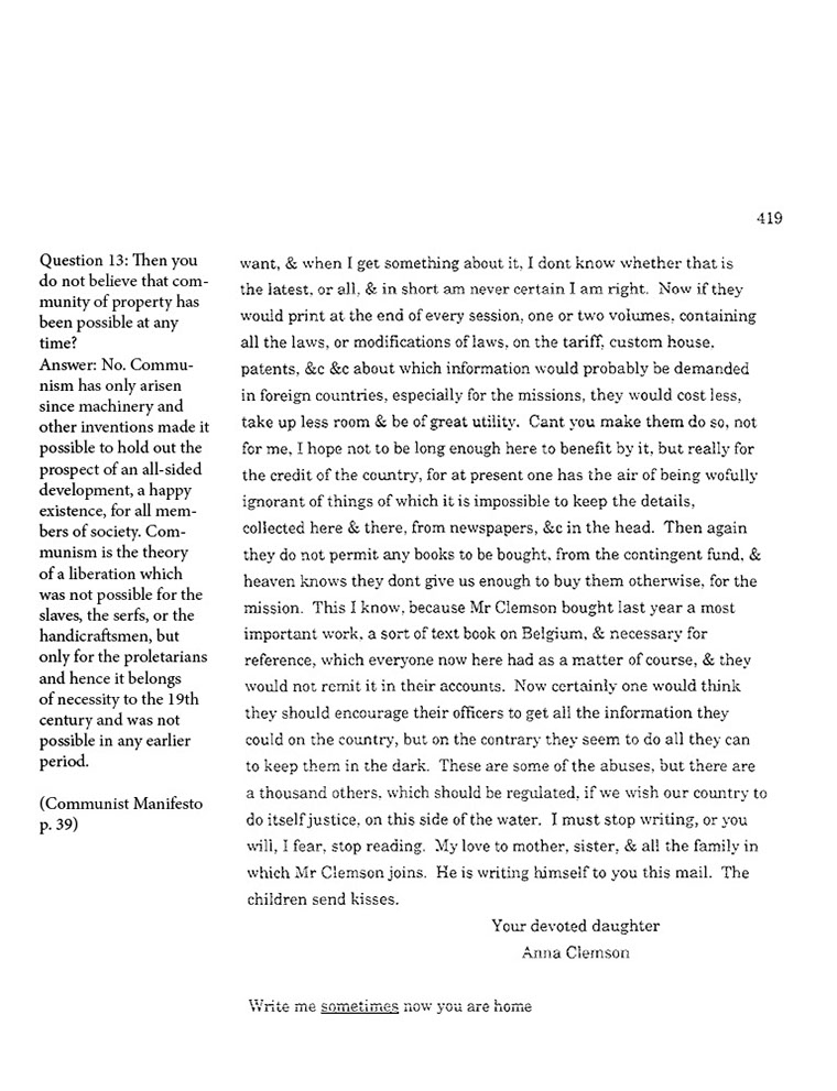 text-heavy image of letter annotated with large block quotation from Communist Manifesto