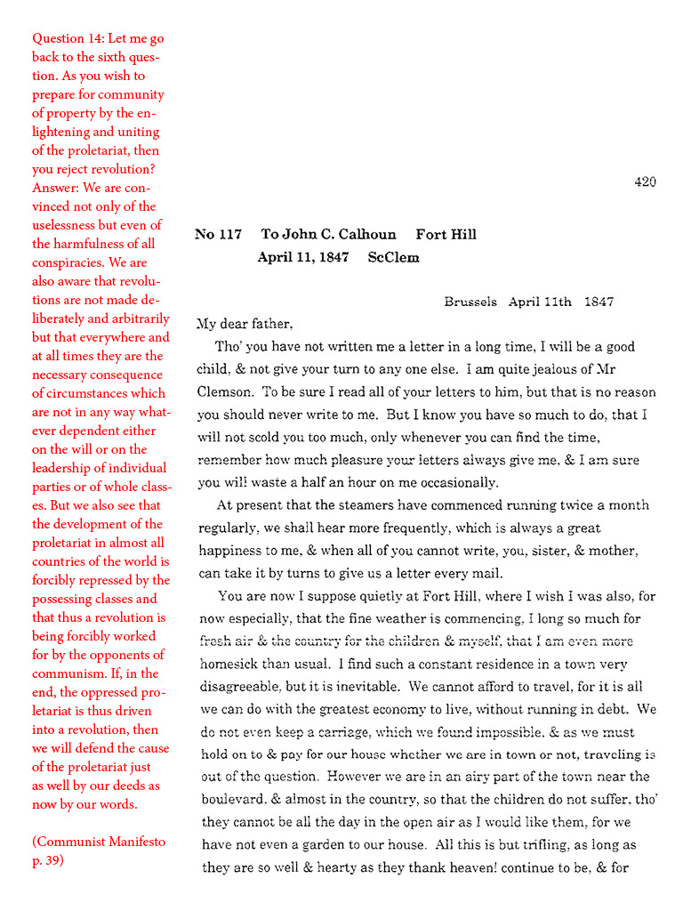 text-heavy image of letter annotated with large block red quotation from Communist Manifesto