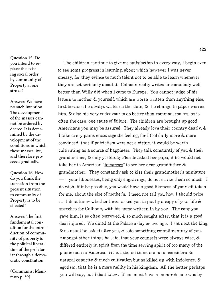 text-heavy image of letter annotated with block quotations from Communist Manifesto