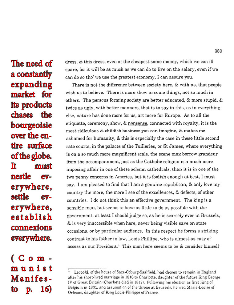 text-heavy image of letter annotated with red quotation from Communist Manifesto: The need of a constantly expanding market for its products chases the bourgeoisie over the enitre surface of the globe.