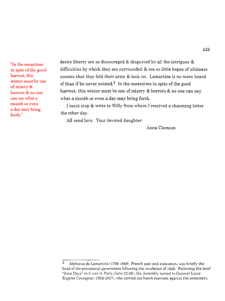 text-heavy image of letter annotated with red quotation: 'In the meantime in spite of the good harvest, this winter must be one of misery & horrors & no one can say what a month or even a day might bring forth.'