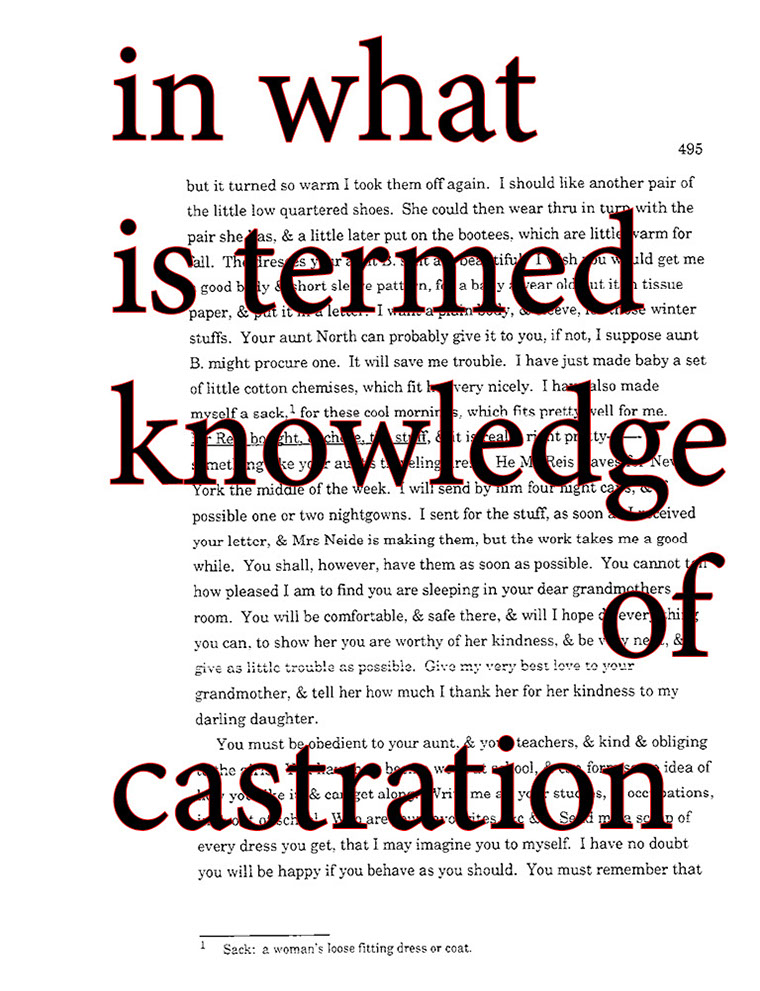 text-heavy image of 1864 letter annotated with giant red text over the top, reading: 'in what is termed knowledge of castration'