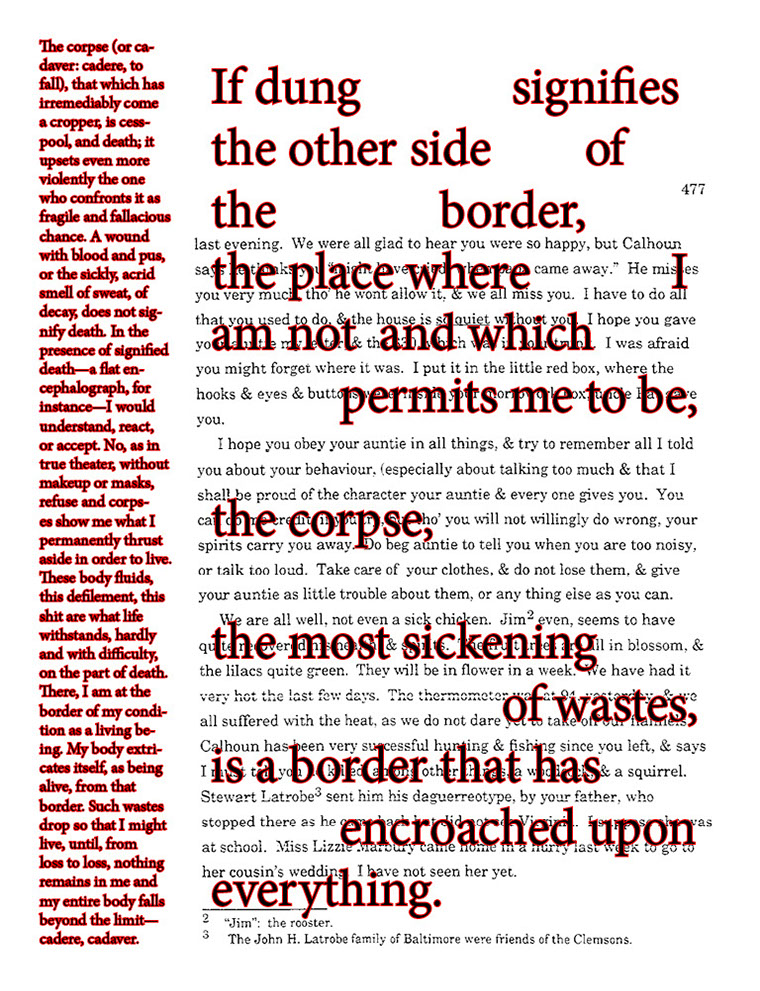 text-heavy image of 1864 letter annotated with red block quotations throughout