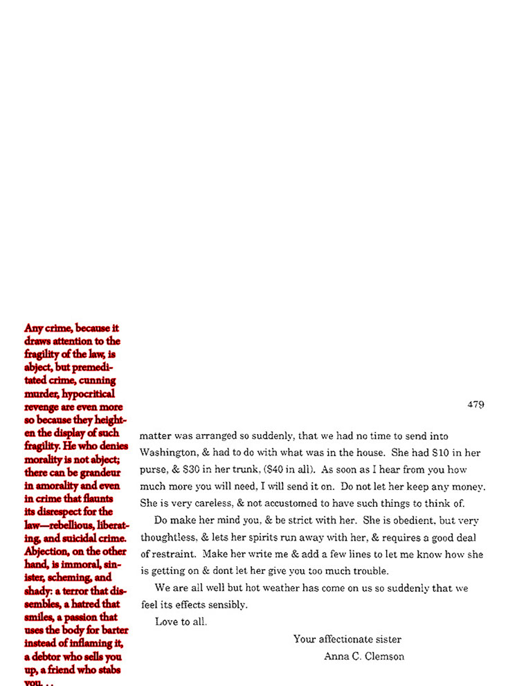 text-heavy image of letter annotated with red block quotation on the left.