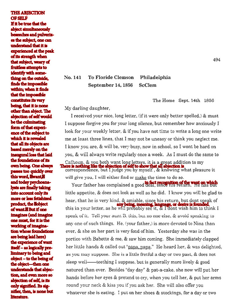 text-heavy image of 1856 letter annotated with red block quotations throughout