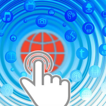 image of finger pointing at globe and ripple cloud across social media icons