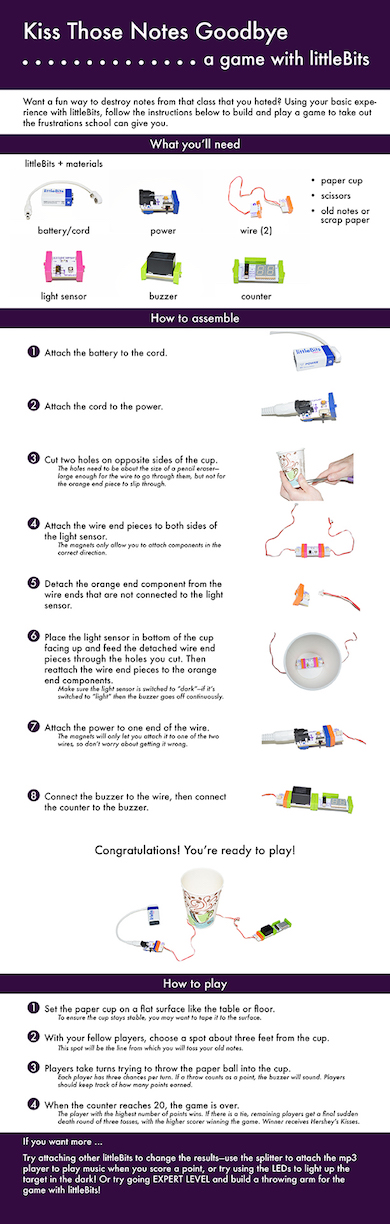 an instruction set for Kiss Those Notes Goodbye, with a list of materials pictured, eight steps for constructing the invention, and four steps for playing the game